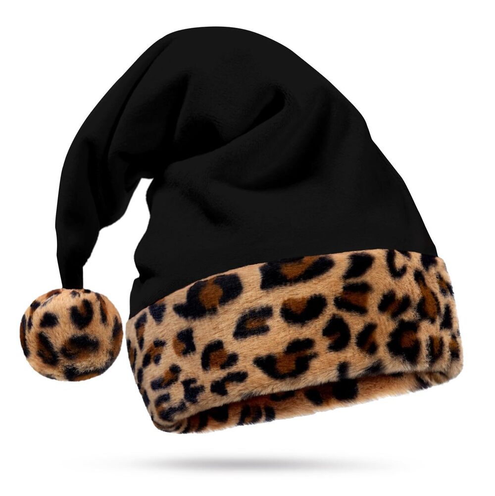 3350 Black Santa Hat - Leopard Print Trim, Faux Fur - Tan Brown Animal